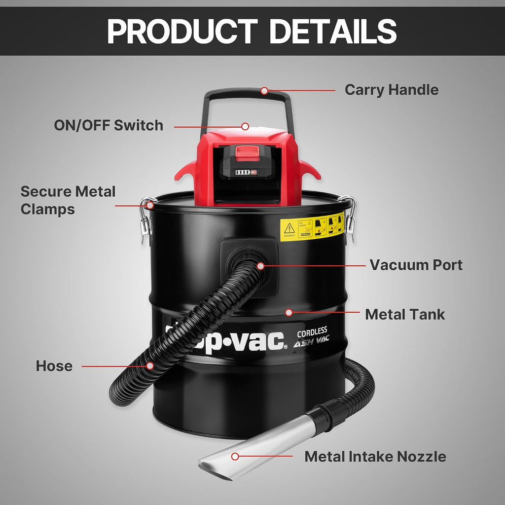 Shop-Vac 5430024 5 Gallon Cordless Ash Vac, 20V Battery, 1.5 in Diameter x 4 Ft Lock-On Hose, Stainless Steel Tank, Includes Blow Feature, Metal Nozzle and Crevice Tool