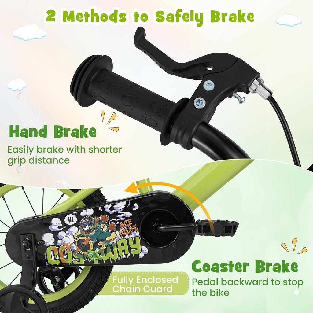 BABY JOY Rabbit Pilot Sporty Kids Bike, 12 14 16 18 Inch Child Bike for 3-8 Years Old with Adjustable Height, Training Wheels, Storage Basket, Handbrake & Coaster Brake, Kids Bicycle for Girls Boys