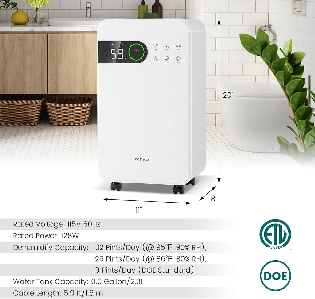 COSTWAY 2,500 Sq. Ft Dehumidifier for Basement, 32 Pints Home Dehumidifier with Wheels, Sleep Mode, 24H Timer, 3-Color LED Indicator Light & Child Safety Lock