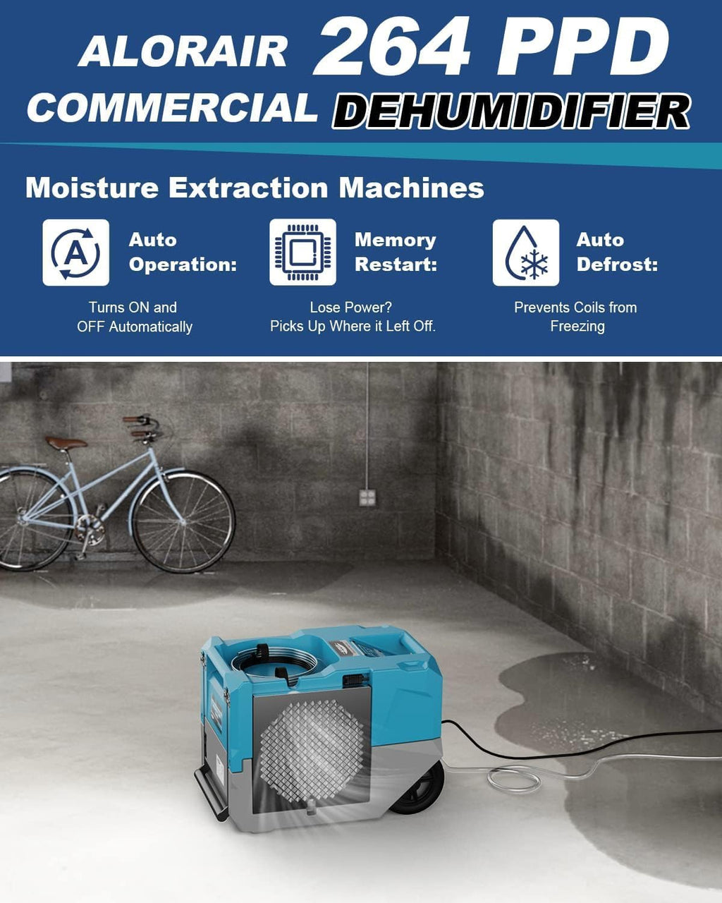 ALORAIR 264 PPD Commercial Dehumidifier with Pump, Up to 3,000 Sq.Ft Industrial Dehumidifier with Drain Hose Potable Wheels Design for Whole House, Basement, Warehouse, Garage, Blue
