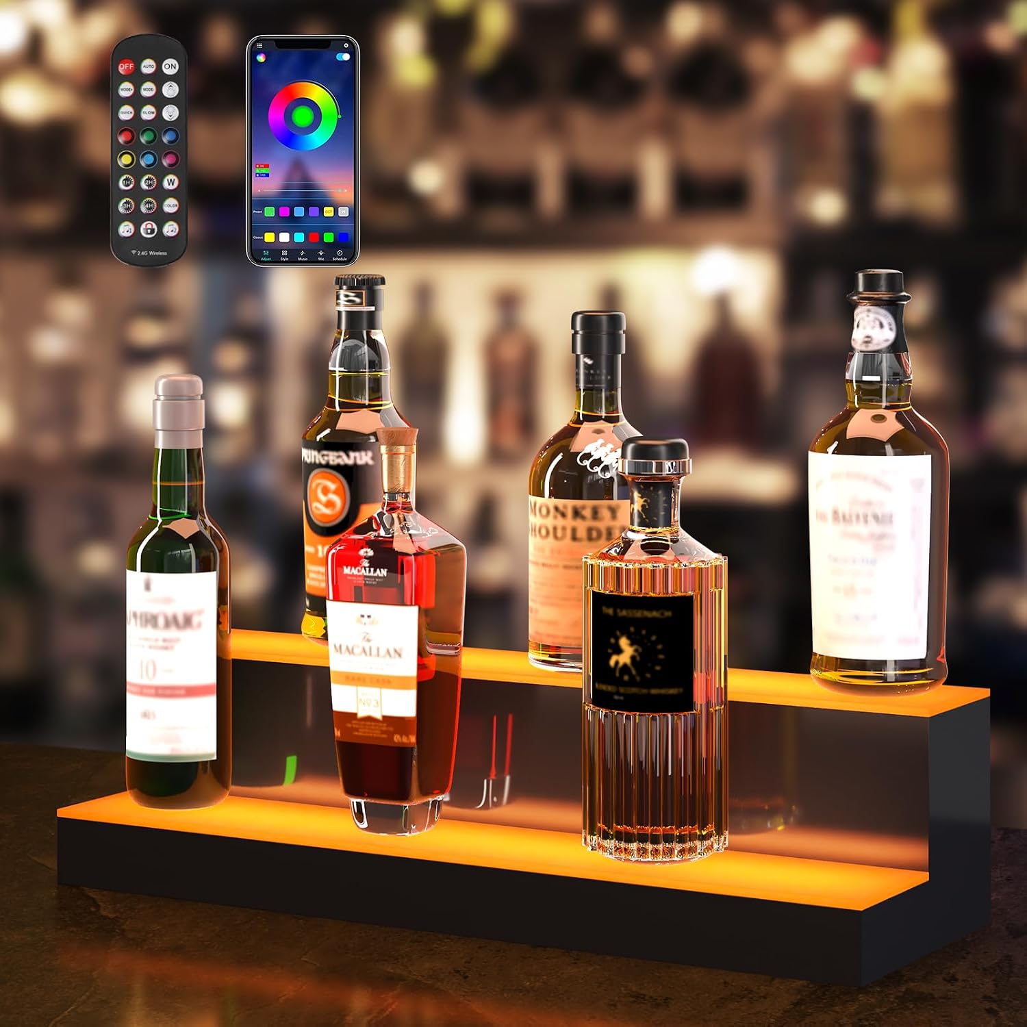 VEVOR LED Lighted Liquor Bottle Display, 2 Tiers 24 Inches, Supports USB, Illuminated Home Bar Shelf with RF Remote & App Control 7 Static Colors 1-4 H Timing, Acrylic Lighted Shelf for 12 Bottles