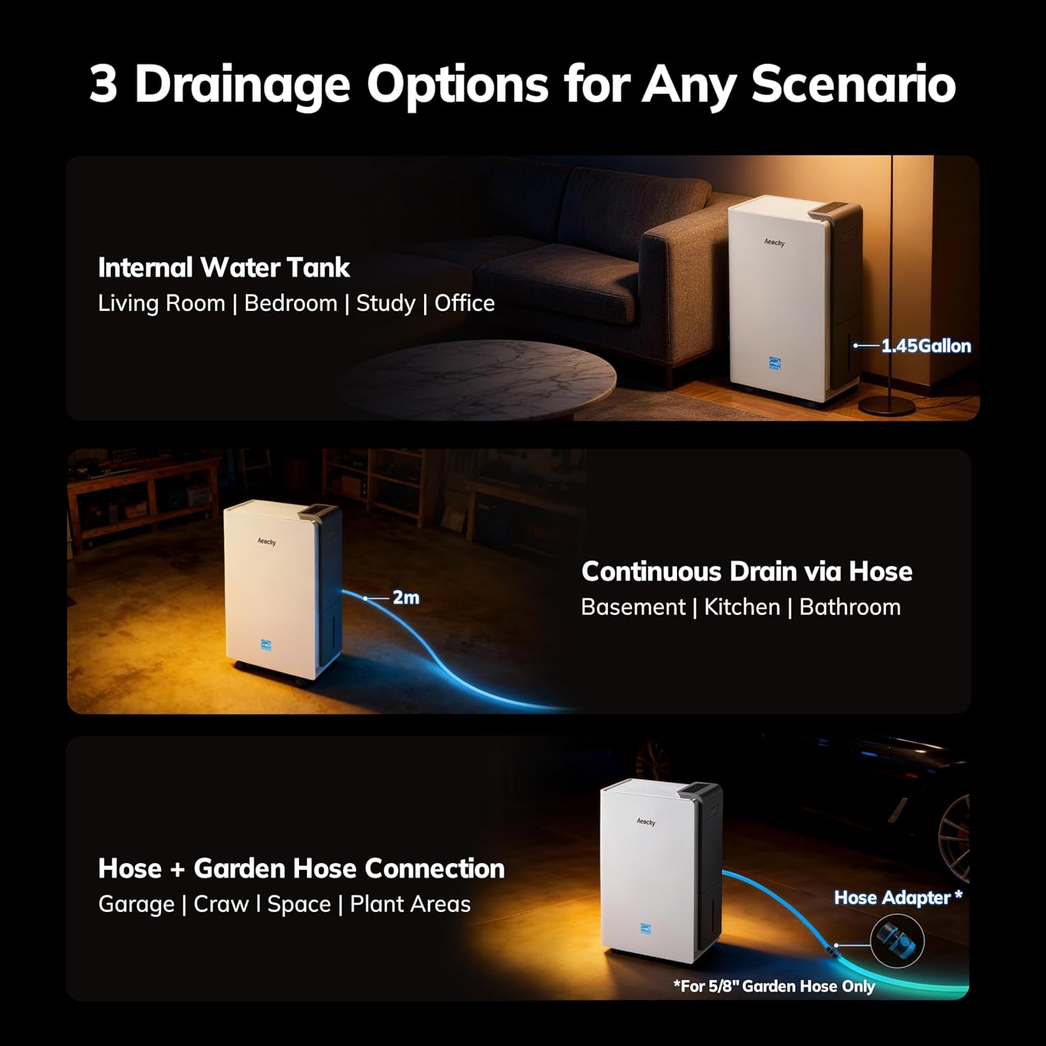 AEOCKY 7000 Sq.Ft Energy Star Most Efficient 2025 Dehumidifier, Max 140 Pint/Day Smart Compressor Dehumidifier with Drain Hose, Intelligent Humidistat,for Basement,Bedroom,Home,Bathroom
