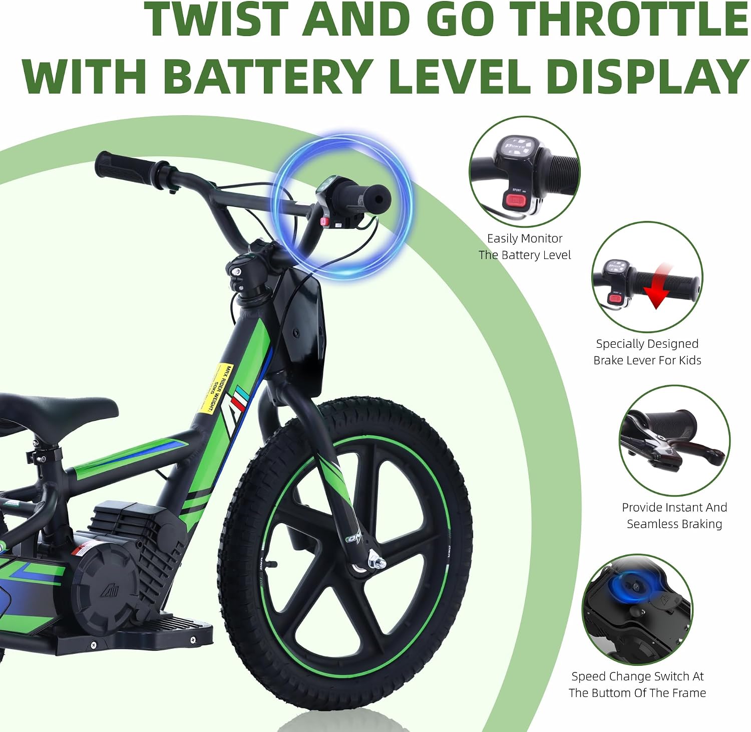 AIII Lightweight Electric Dirt Bike for Kids, 170/340W Electric Motorcycle Up to 10/12MPH, 24V Detachable Battery, Hand-Operated Dual Brakes Electric Balance Bike for Ages 3-6/5-12