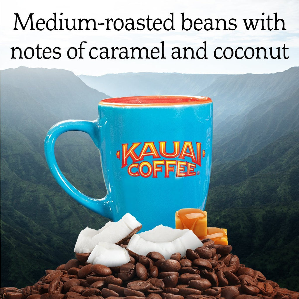 Kauai Coffee Pods Compatible with K-Cup Pods for Keurig Brewers – 20% Hawaiian Arabica – Medium Roast, Rich, Smooth, No Bitterness – Coconut Caramel Crunch, 6 Packs of 12 Single Serve Cups