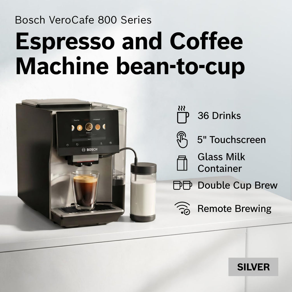 Bosch Fully Automatic Coffee and Espresso Machine - 36 Drinks, Double Cup Barista Style Super Coffee Maker - Touchscreen, Large Bean Capacity - Easy Clean, Maintenance - Metallic Silver - TPU60501