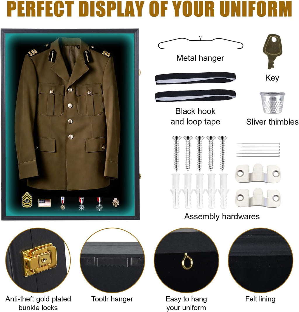 Military Uniform Shadow Box with LED, Police Uniform Display Frame 7 Colors 2 Models with Hanger and Lock for Military Uniforms, Jerseys, Hanging Badges and Medals Flag 35.82'x25.59'x2'