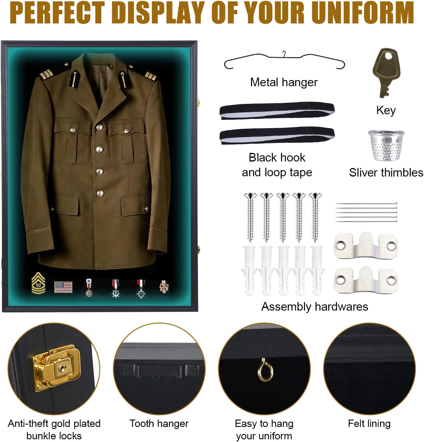 Military Uniform Shadow Box with LED, Police Uniform Display Frame 7 Colors 2 Models with Hanger and Lock for Military Uniforms, Jerseys, Hanging Badges and Medals Flag 35.82'x25.59'x2'