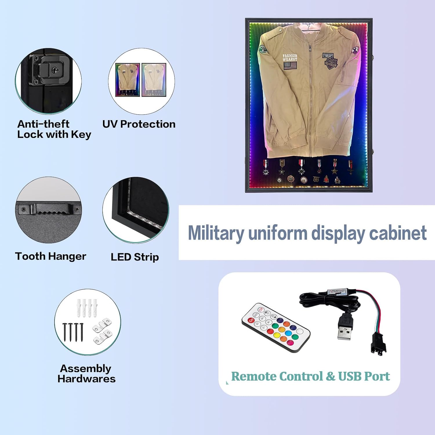 KCRasan LED Military Uniform Display Case - Police Uniform Display Frame - Uniform Shadow Box Wall Cabinet with Uv Protection Acrylic Door for Collection Military Uniform Black