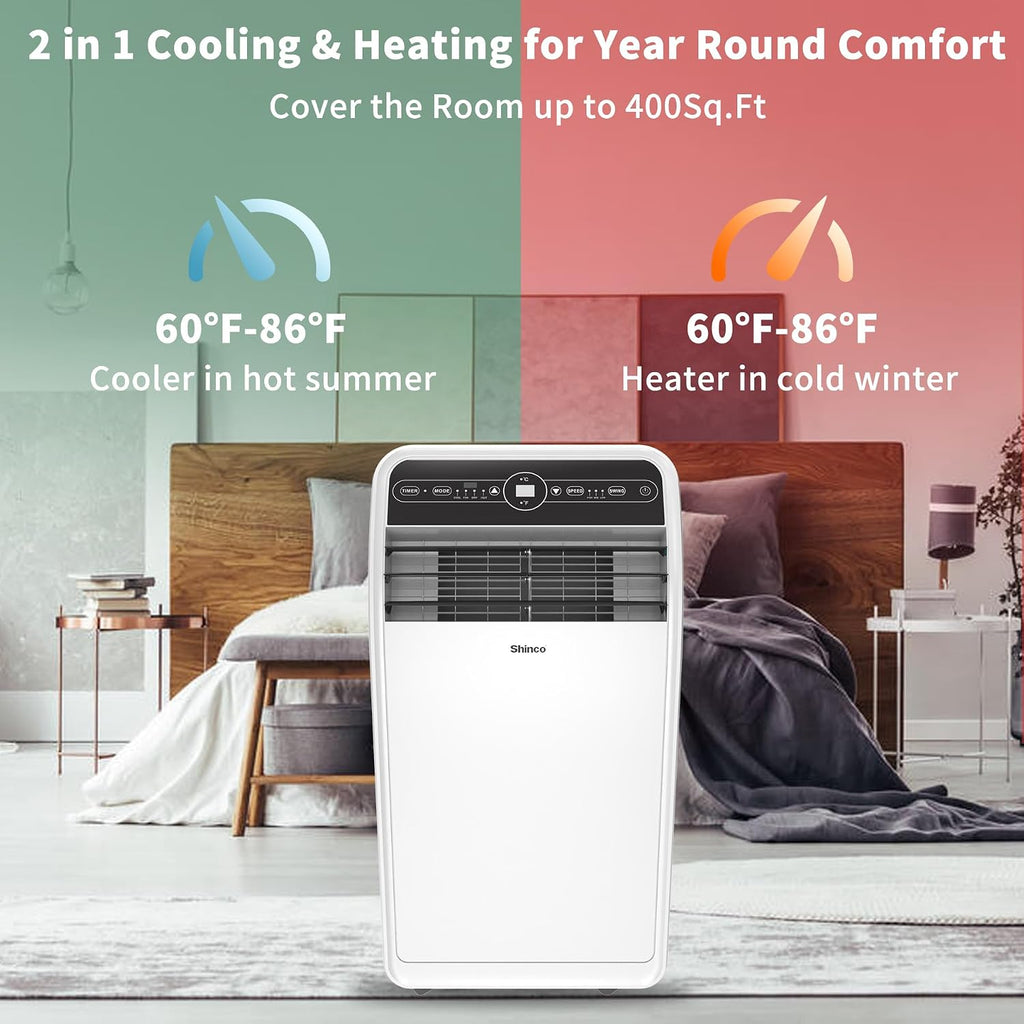 Shinco 10,000 BTU Portable Air Conditioner with Heater up to 400 Sq. Ft, Ac Heater Combo Window Unit, Portable AC Unit with Dehumidifier & Fan, Cools & Heats,Remote Control and Window Kit