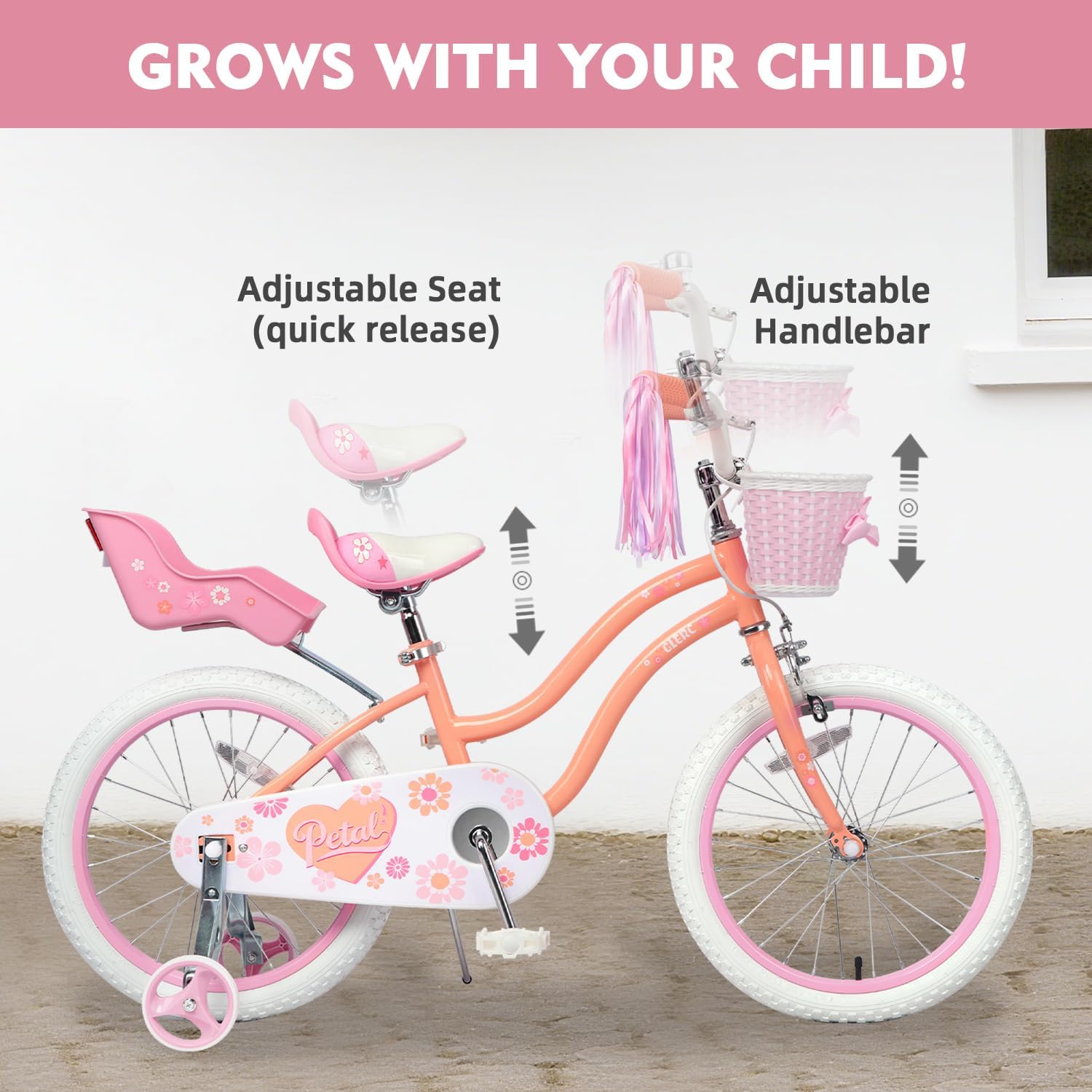 Glerc Petal Girls Bike, 12-18 Inch Kids Bike for Ages 2-9 Years Old Children, Princess Style Kids Bicycle with Training Wheels & Basket & Streamers, Multiple Colors
