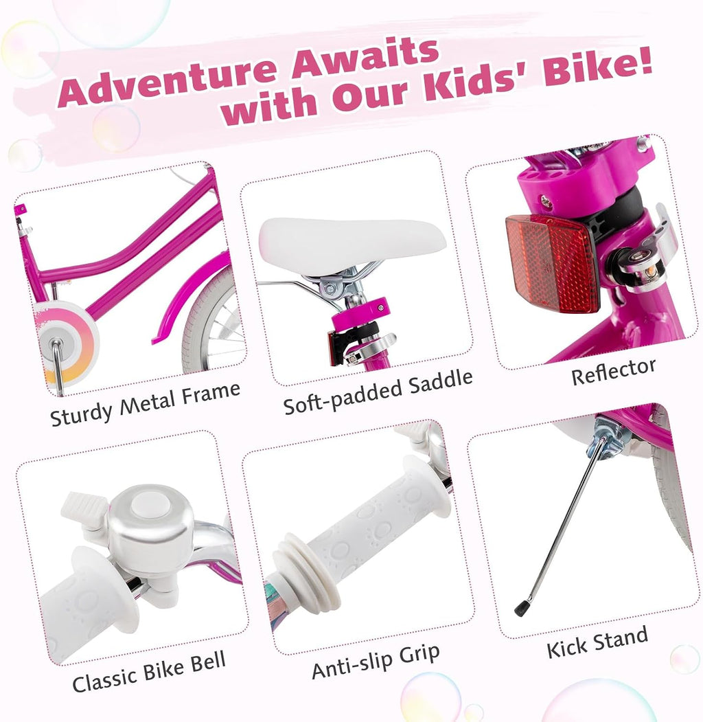 HONEY JOY Kids Bike, 12 14 16 18 Inch Girls Bike w/Training Wheels, Doll Seat, Streamers, Handbrake & Coaster Brake, Fully Enclosed Chain, Princess Style Children Bicycle, Gift for Girls 3-8
