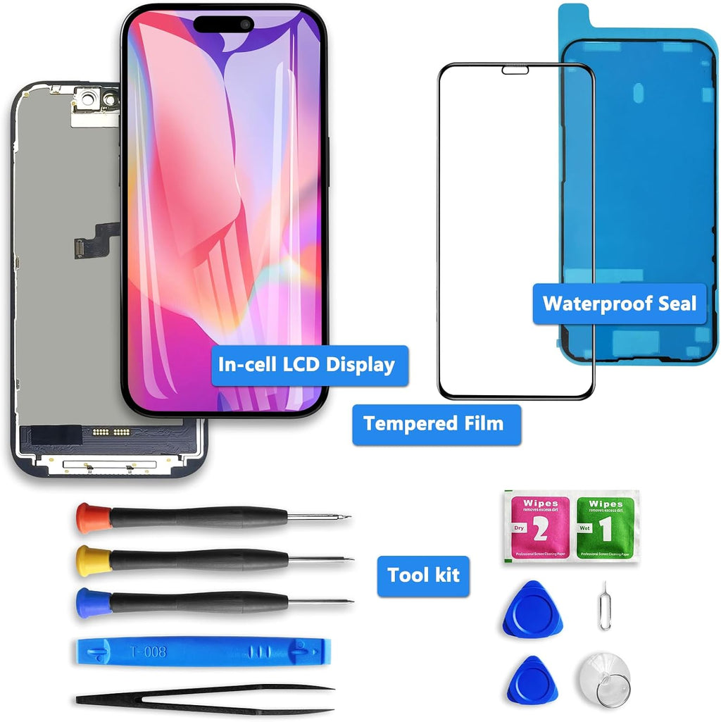 for iPhone 16 Pro Screen Replacement, 6.3 inch LCD Display 3D Touch Full HD Digitizer Frame Assembly, Compatible with A3083, A3292, A3293, A3294 Models, Repair Kit + Screen Tempered Protector
