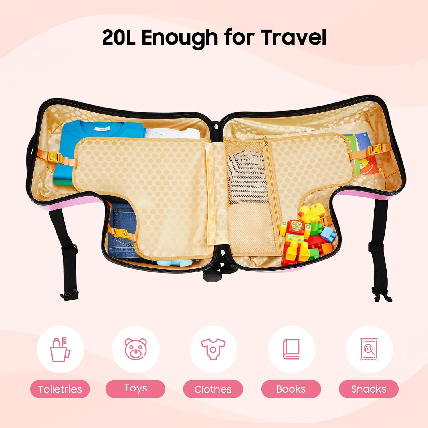 20 Inch Ride-On Suitcase for Kids, Travel Trolley with Wheels, Safety Belt, Adjustable Pull Rod, Scooter Luggage Seat Ride with Lock for Toddler Airplane Travel(Pink)