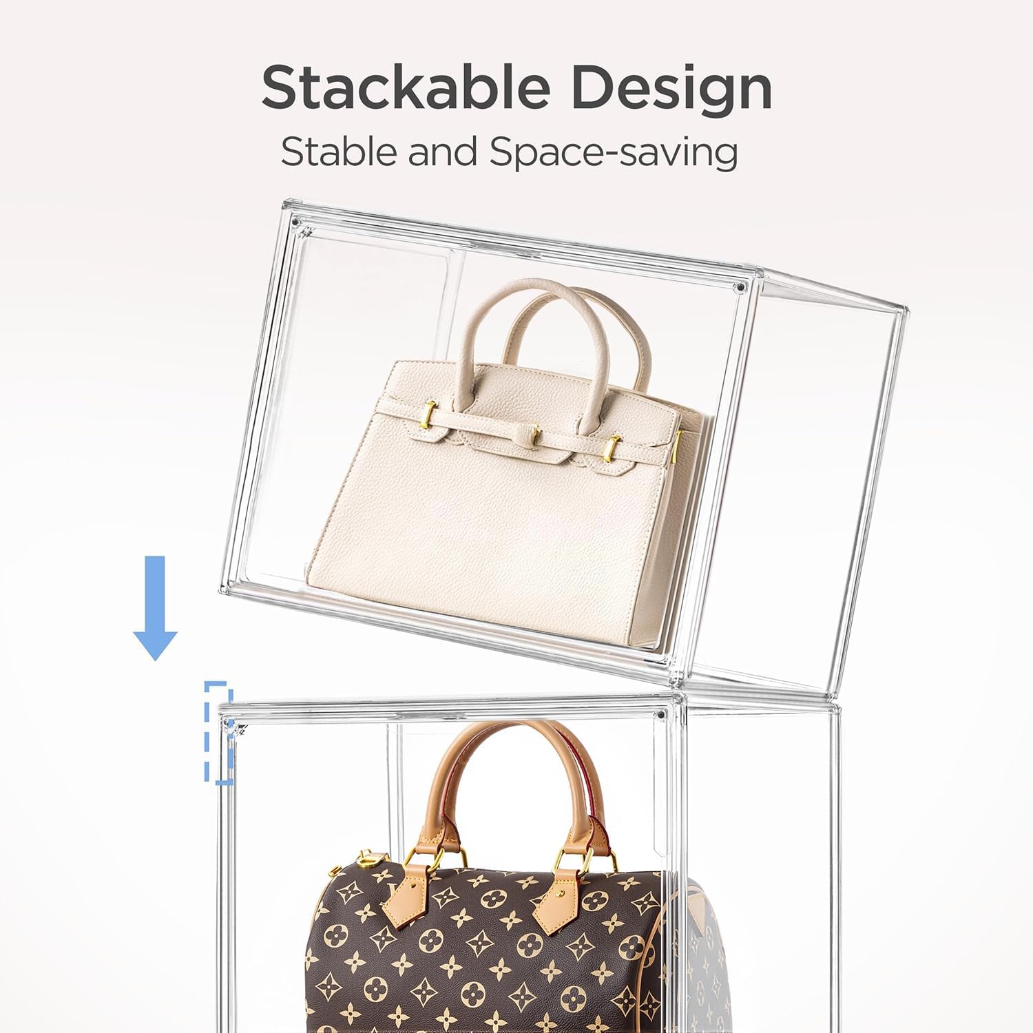 HBlife 5 Pack Purse Storage Organizer for Closet, X-Large Clear Stackable Handbag Display Case Box with Magnetic Door for Collectibles, Cosmetics, Women Heels and Toys