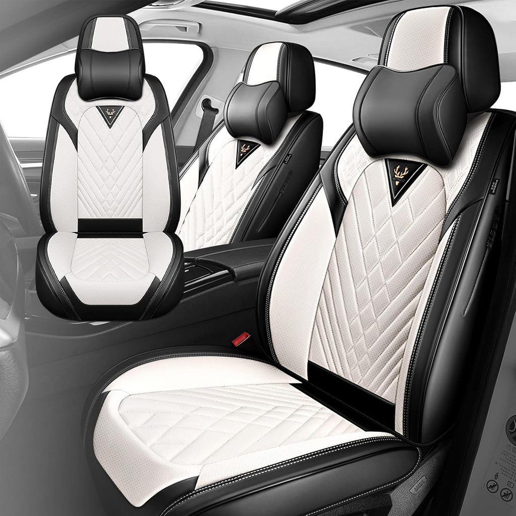 Fit for 97% of Cadillac Seat Covers, Fashion Sport Seat Cover with Waterproof Leather, Airbag Safe Design Seat Protector (5 Full Seat Luxury, Black White)