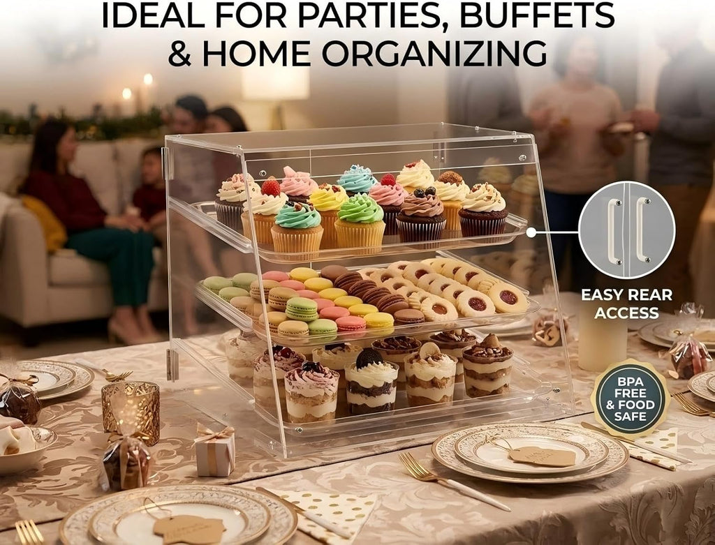 YBSVO 3-Tier Commercial Bakery Display Case, 21-Inch Clear Acrylic Countertop Pastry Showcase with Removable Trays, Food-Grade Dessert Cabinet with Magnetic Back Doors for Cafe, Market, Home