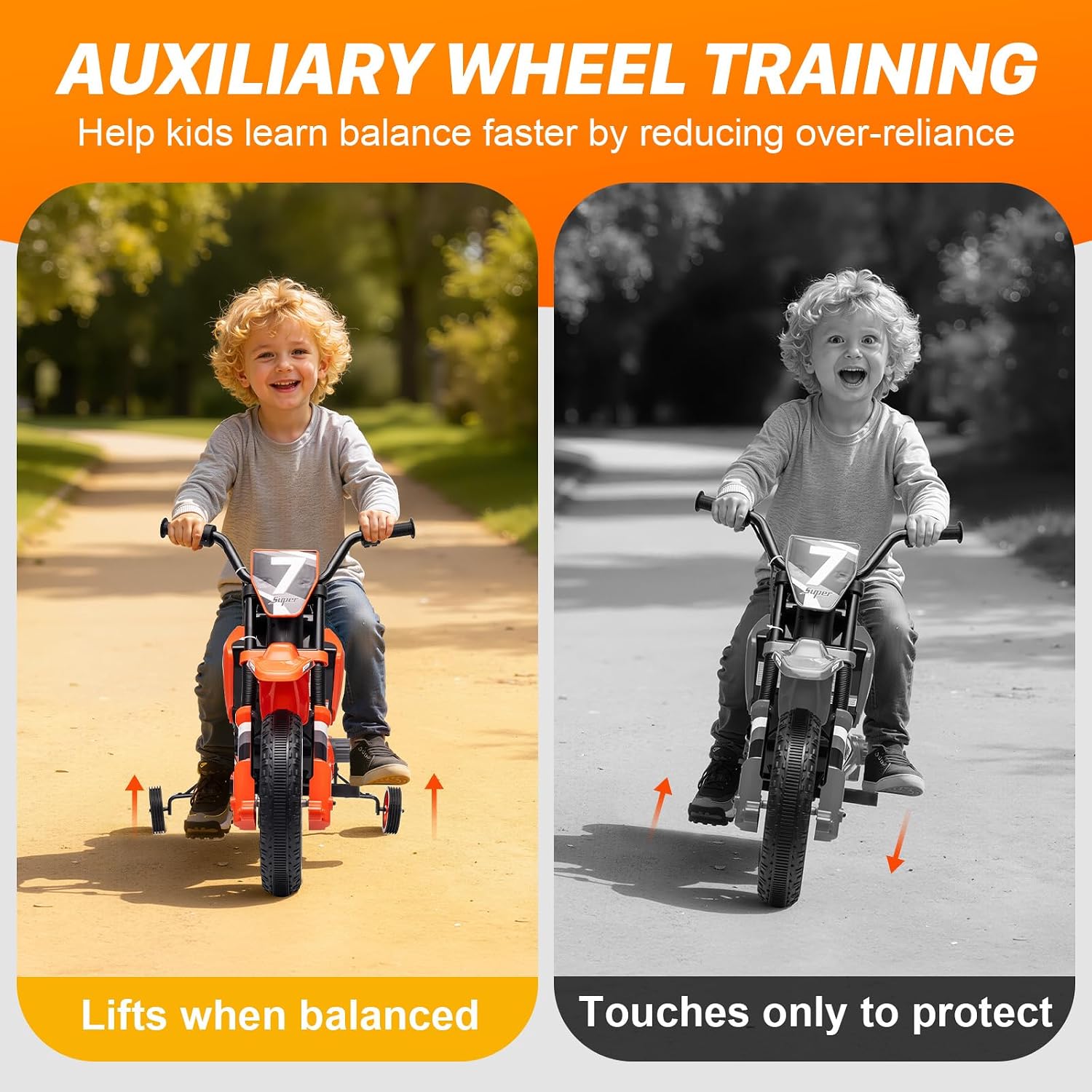 12V Kids Motorcycle w/Treaded Tires, 3.1mph Top Speed Electric Bike for Kids, Training Wheels, Music & Bluetooth, Spring Suspension, Age 3-8 Year Old, Orange