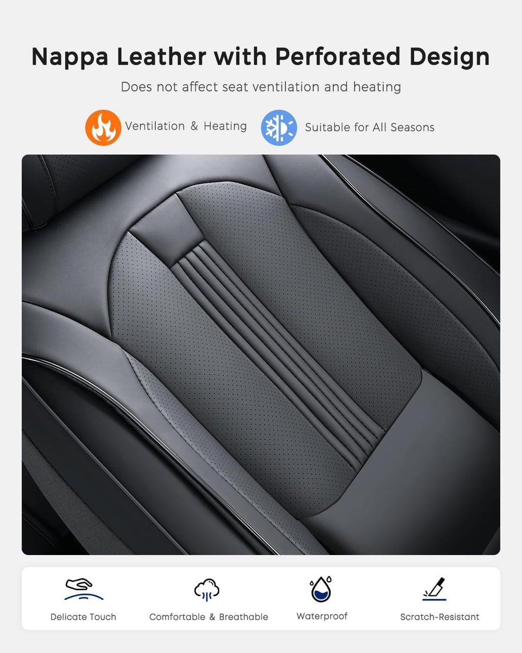 Huidasource Black Front Seat Cover, Nappa Leather Front Car Seat Cover with Lumbar Support, Ventilation Holes, Elastic Fabric, Airbag, Full-Coverage Seat Covers, Fit for Most Cars SUV Trucks, Black