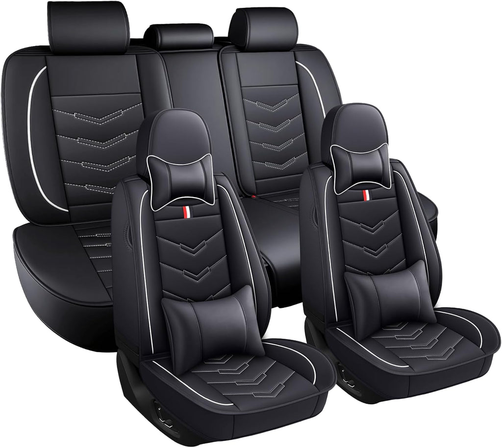 Car Seat Covers Fit for Chevy Traverse 2009-2025, Leather Seat Covers for Car, Waterproof Non-Slip Durable Car Seat Protector(5 Seats with Pillow,Black White)