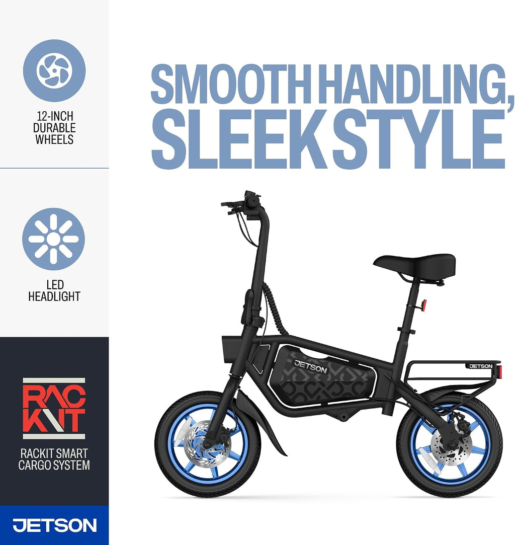 Jetson Bolt Electric Bike, Foot Pegs, Easy-Folding, Built-in Carrying Handle, Twist Throttle, Cruise Control, Up to 15.5 MPH, Range Up to 15 Miles, Ages 13+