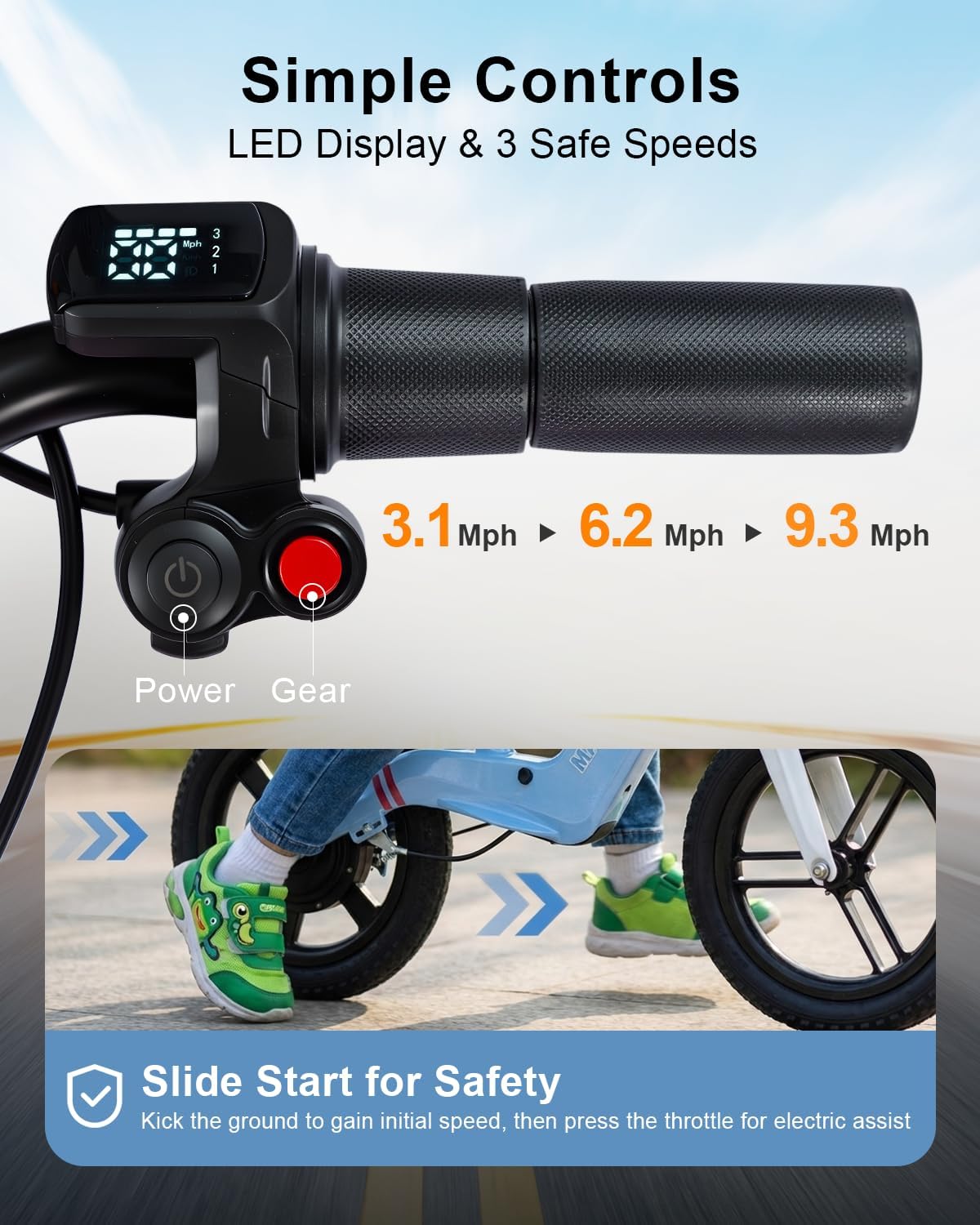 GROWNEER Electric Balance Bike for Kids, 12/14 Inch Tires, Ages 3-6, Lightweight Magnesium Alloy Frame, 3 Speed Settings(3.1/6.2/9.3 MPH), Light-up Front Tire & Adjustable Seat, Toddler Electric Bike