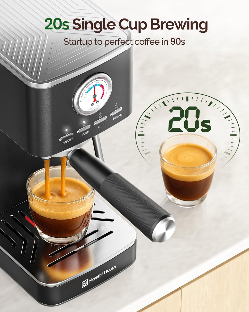 Maestri House Espresso Machines 20 Bar ULKA Pump, Compact Espresso Maker Built-in Flow Meter Steam Milk Frother, 43oz Removable Water Tank Stainless Steel Coffee Machine for Cappuccino (Black)