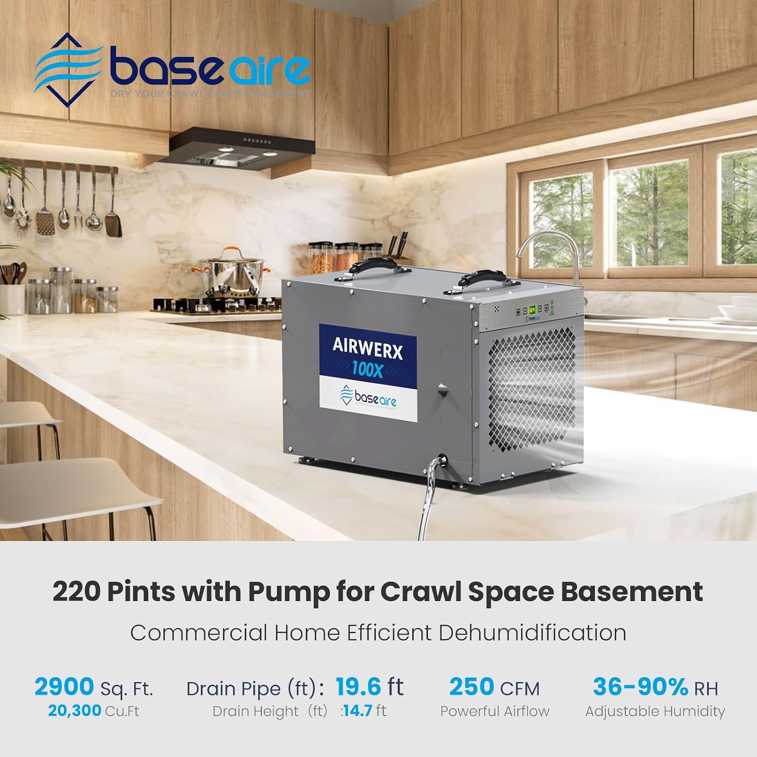 BaseAire 220 Pints Crawlspace Dehumidifiers with Pump and Drain Hose, Commercial Dehumidifier for Home,Garage and Basement, Large Capacity, Compact, Auto Defrost, Intelligent Control, Up to 2900 Sq Ft