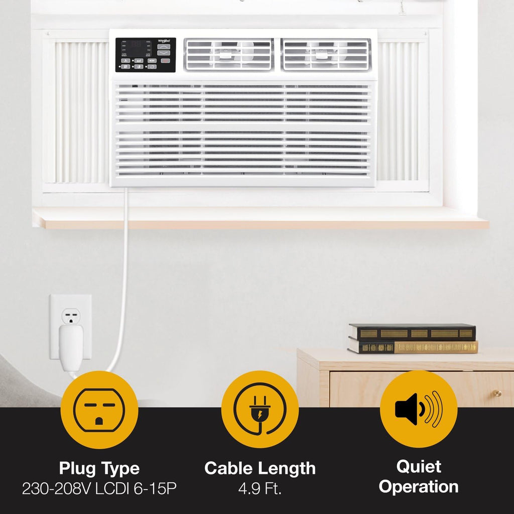 Whirlpool 18,000 BTU Window Air Conditioner with Dehumidifier, 230V, Window AC for Large Rooms up to 1000 Sq. Ft., Bedroom, Living Room, Apartment, with Remote, 3 Speeds, and 24H Timer, White