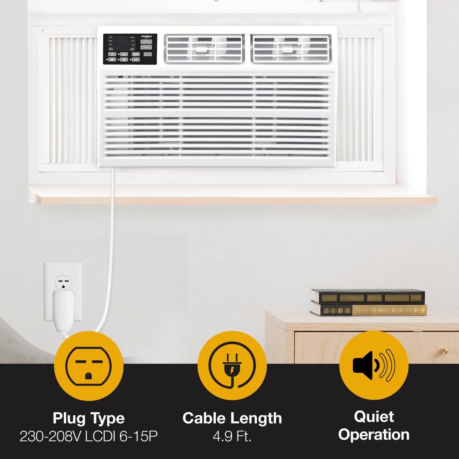 Whirlpool 18,000 BTU Window Air Conditioner with Dehumidifier, 230V, Window AC for Large Rooms up to 1000 Sq. Ft., Bedroom, Living Room, Apartment, with Remote, 3 Speeds, and 24H Timer, White