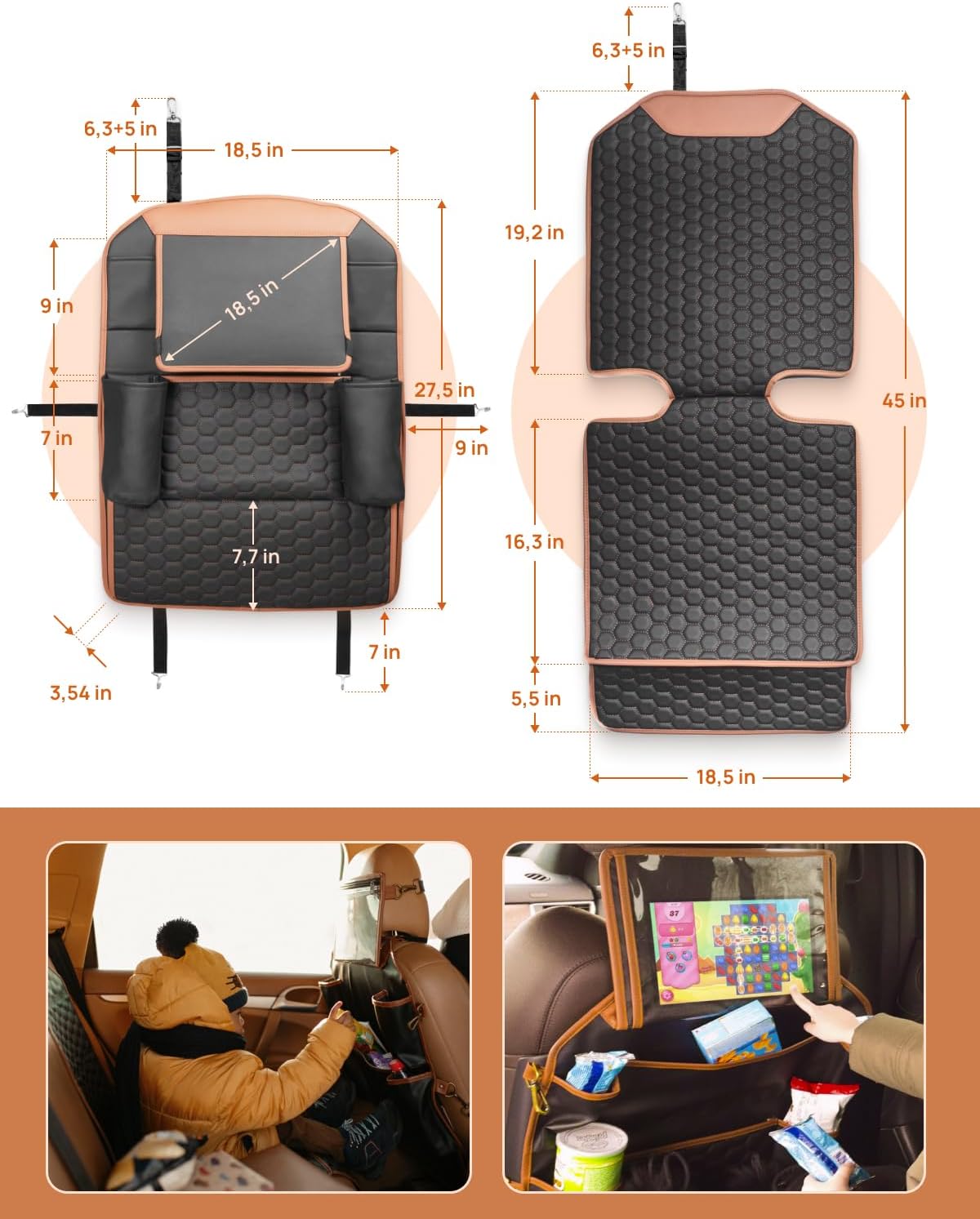 Owleys Set Car Seat Organizer Backseat Back Organizers & Seat Protector Kick Mat Back Of Seat Protector Automotive Organizer Seatback Toy Organization For Kids Behind Black Brown Tan