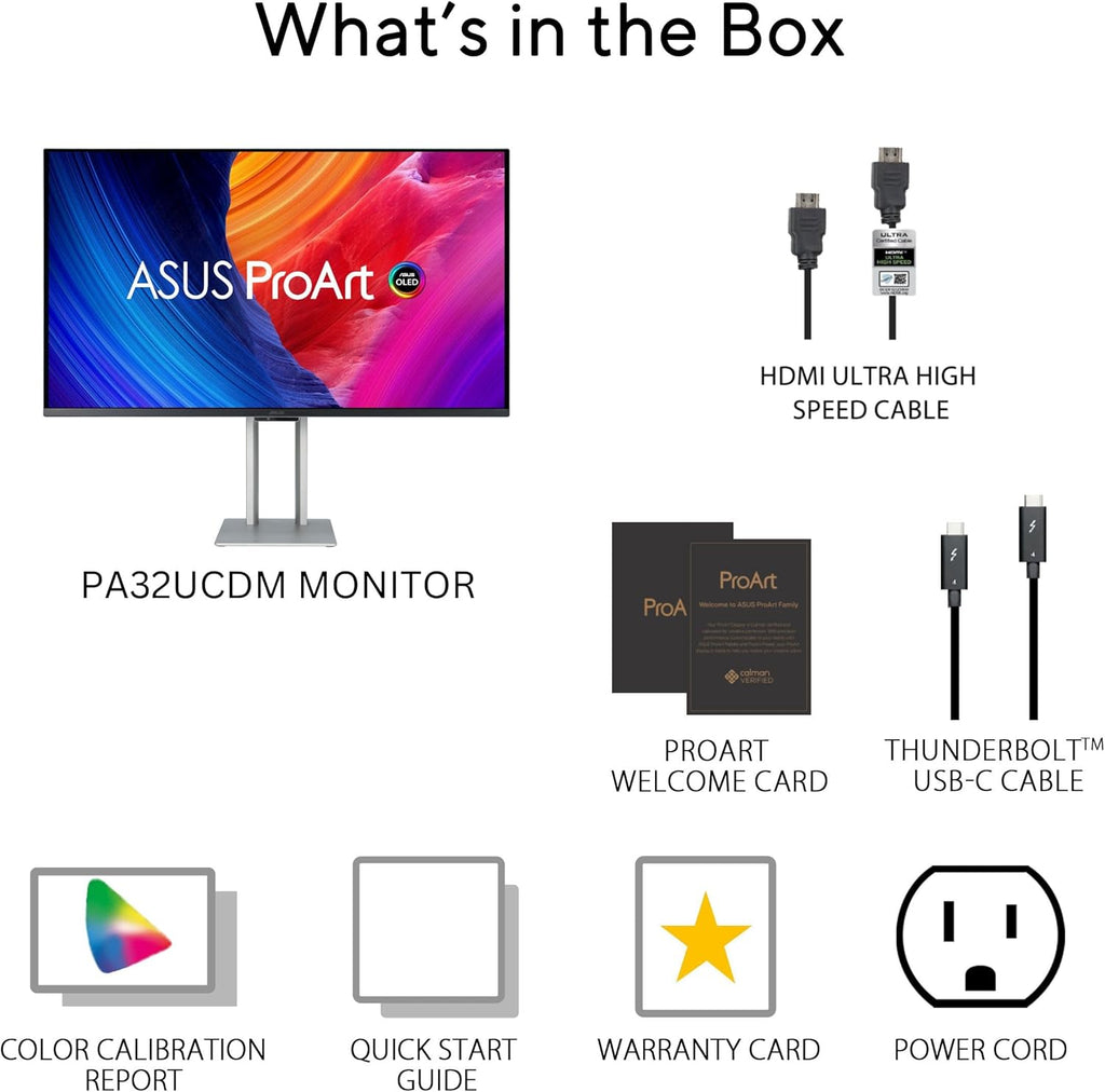 ASUS ProArt Display 32' 4K HDR QD-OLED Professional Monitor (PA32UCDM) - UHD, Ultra-Slim, 240Hz, 0.1ms, Auto Calibration, Dolby Vision, 99% DCI-P3, ΔE<1, Thunderbolt 4, Calman Ready, 3 yr Warranty