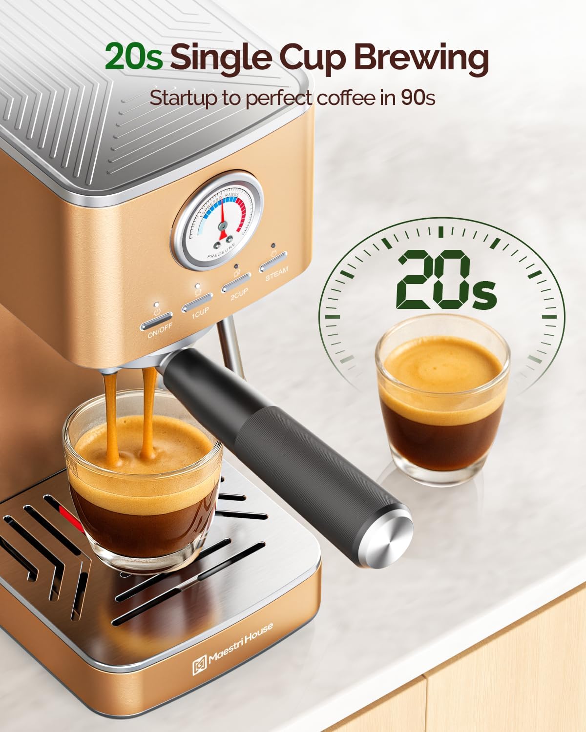 Maestri House Espresso Machines 20 Bar ULKA Pump, Compact Espresso Maker Built-in Flow Meter Steam Milk Frother, 43oz Removable Water Tank Stainless Steel Coffee Machine for Cappuccino (Rose Golden)