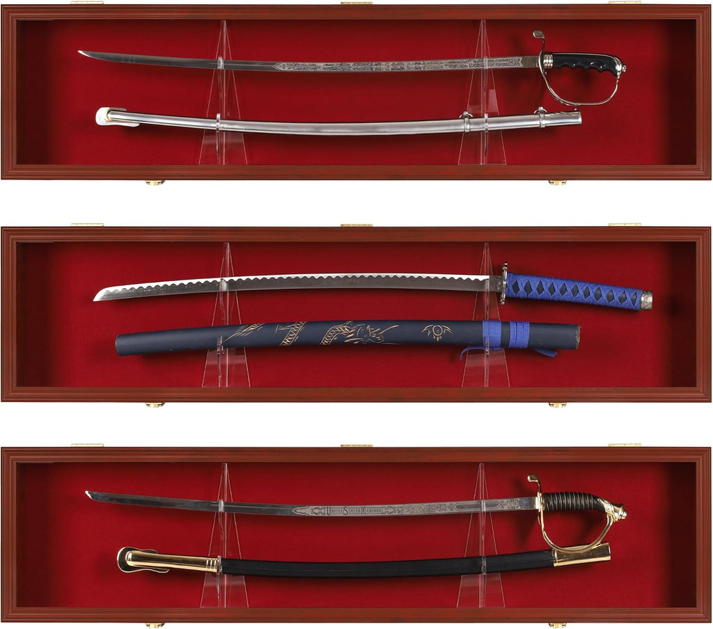 Sword Saber Display Case Cabinet Stand Holder Lightsaber Shadow Box Wall Mount Lockable with 98% UV Protection Red Color Felt (Mahogany Finish)