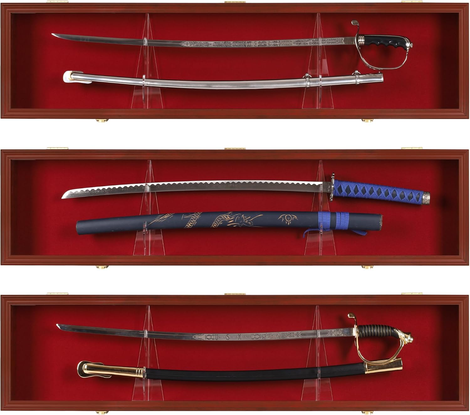Sword Saber Display Case Cabinet Stand Holder Lightsaber Shadow Box Wall Mount Lockable with 98% UV Protection Red Color Felt (Mahogany Finish)