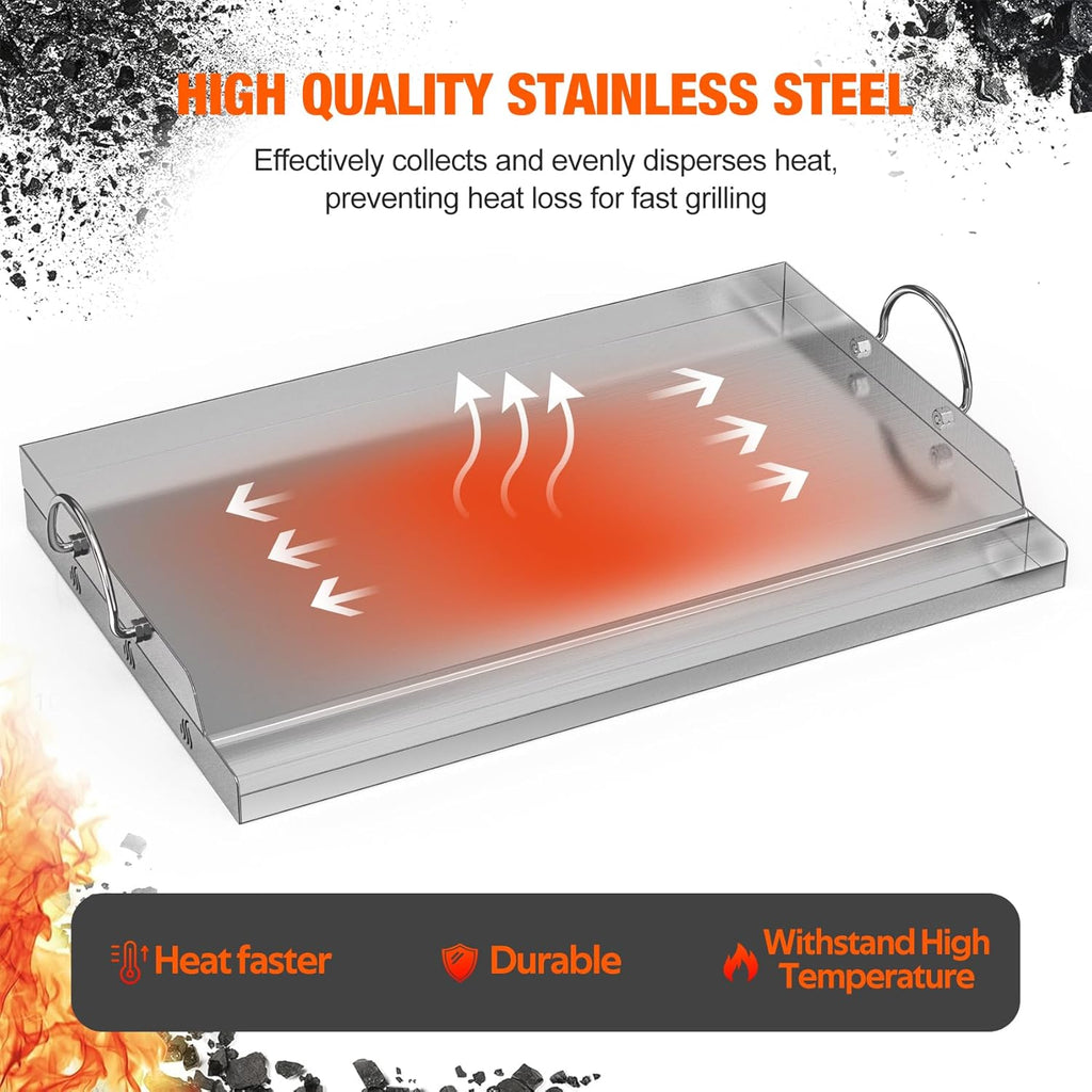 onlyfire Stainless Steel BBQ Griddle, Outdoor Flat Top Griddle Pan with Grease Groove and Handles for Gas and Charcoal Grills, 25'x16'