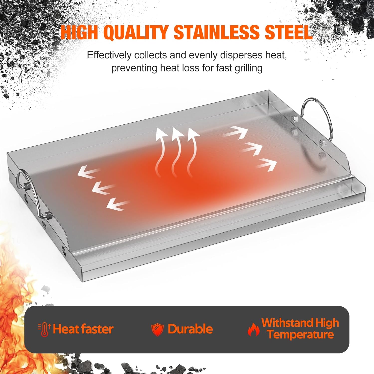 onlyfire Stainless Steel BBQ Griddle, Outdoor Flat Top Griddle Pan with Grease Groove and Handles for Gas and Charcoal Grills, 25'x16'