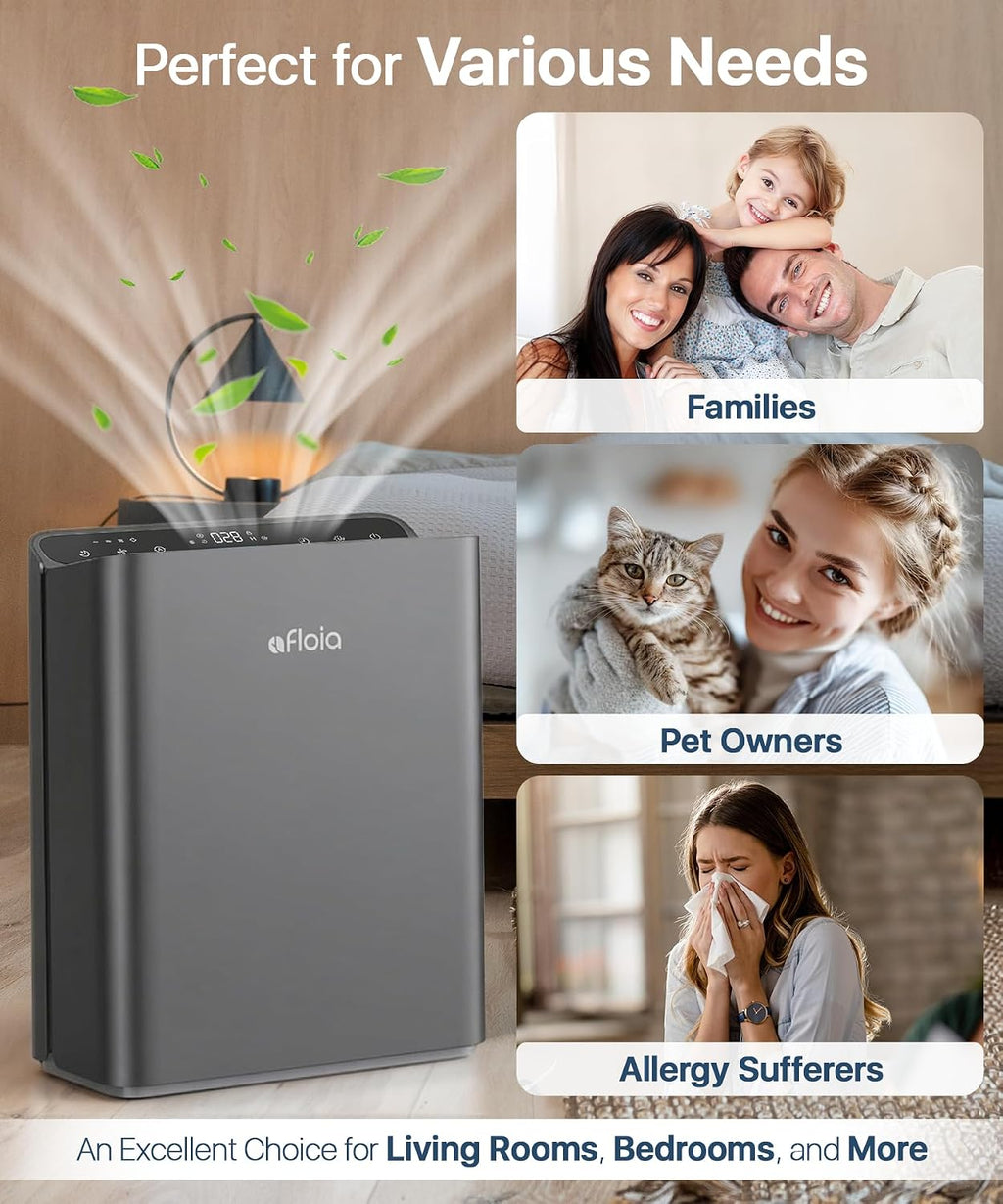 Afloia Air Purifiers for Bedroom - Air Purifiers for Home Large Room Up to 2000Ft², 3-Stage Filter with Laser Air Quality Sensor for Pets Hair Dander Pollen Allergies Dust Mold Odor Smoke, Grey