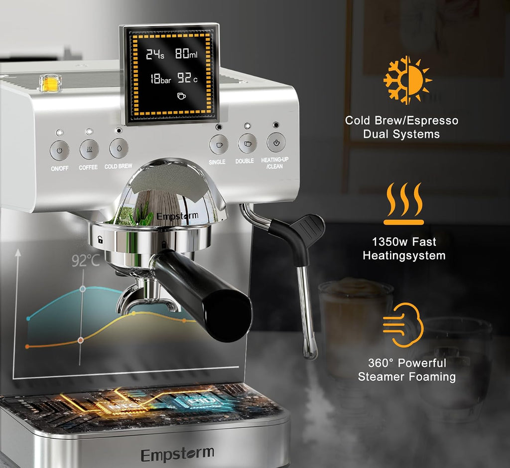 20 Bar Espresso Machine with Milk Frother Steam, Compact Stainless Steel Espresso maker with LED Display Cold Brew & Hot Coffee Maker, Professional Cappuccino Expresso Machine for Home and Office