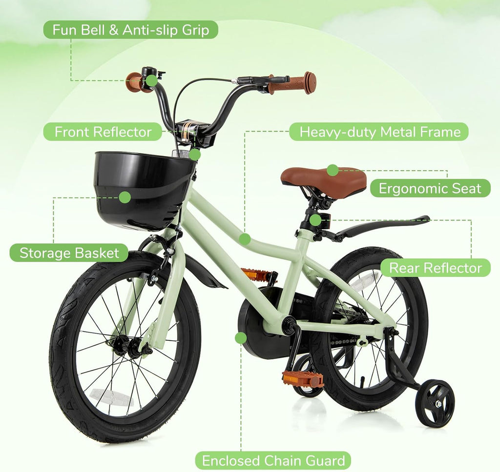 BABY JOY Kids Bike, 12' 14' 16' 18' Tank Bear DIY Children's Bicycle with Training Wheels, Storage Basket, Adjustable Handlebar & Seat, Handbrake & Coaster Brake, Girls Boys Bike