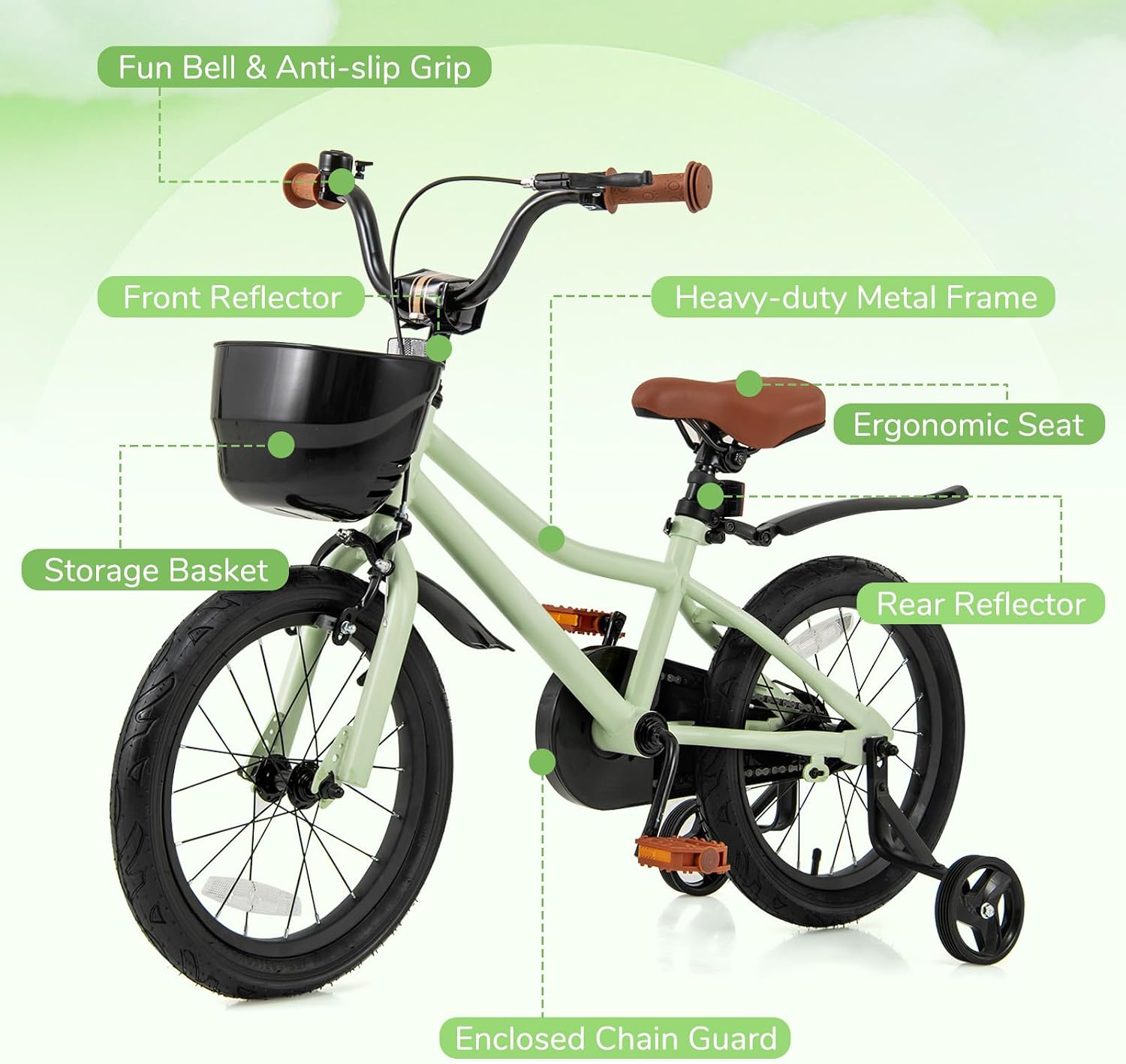 BABY JOY Kids Bike, 12' 14' 16' 18' Tank Bear DIY Children's Bicycle with Training Wheels, Storage Basket, Adjustable Handlebar & Seat, Handbrake & Coaster Brake, Girls Boys Bike