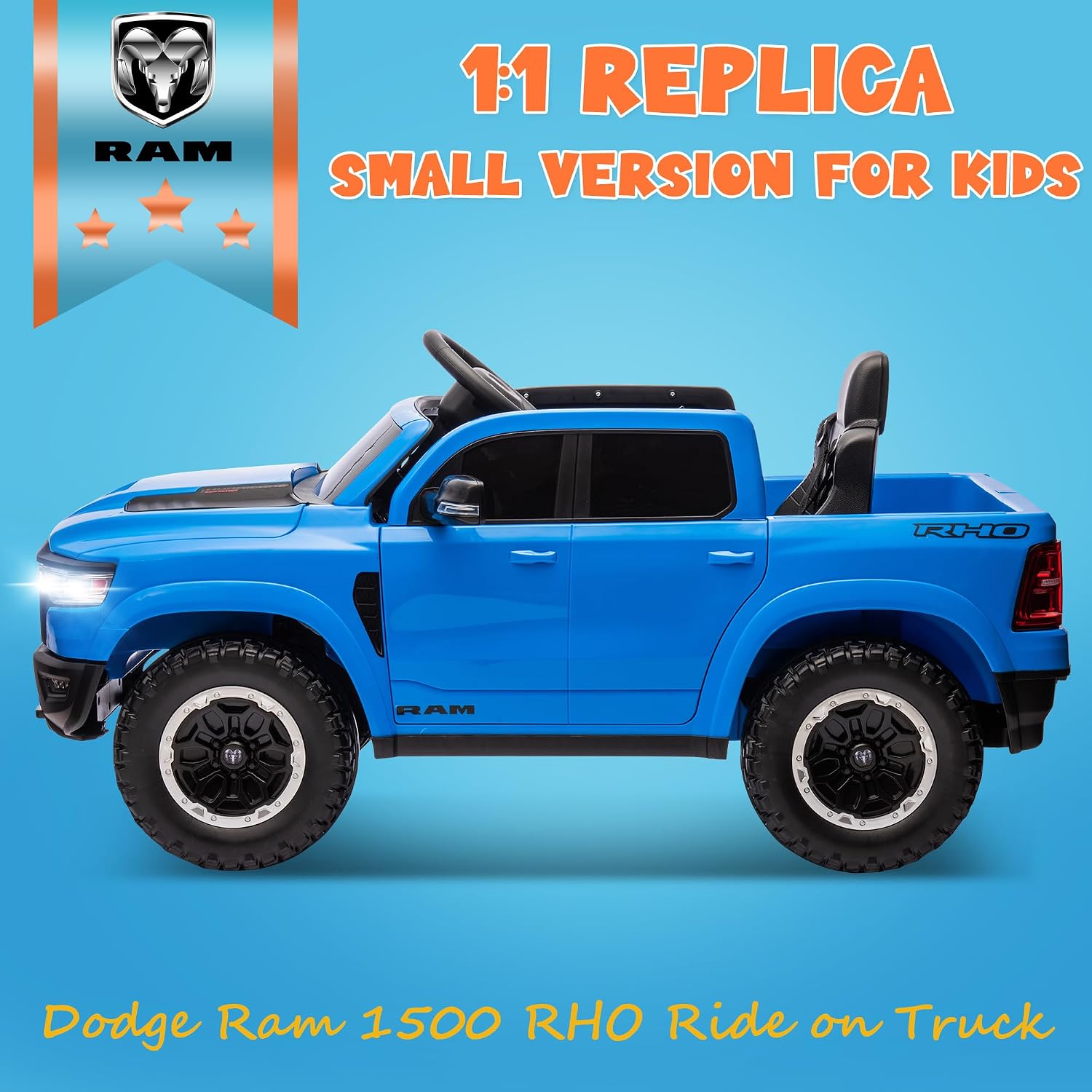ENYOPRO 12V Licensed Ram 1500 RHO Ride on Truck, Electric Car for Kids to Drive, Toddler Ride On Toys w/Remote Control, Truck Bed Storage, Smooth Start, Bluetooth, USB, LED Lights, Max 3.5 MPH, Blue