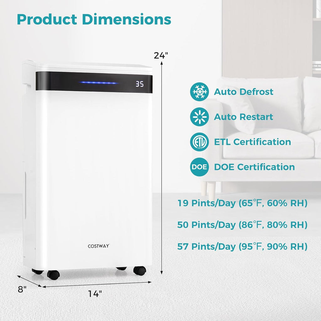 COSTWAY 4,500 Sq. Ft Dehumidifier for Basement, 3-Color Humidity Indicator, Dry Clothes Mode, 12' Drain Hose & Wheels, 57 Pint/Day Dehumidifier for Large Room (White&Black)