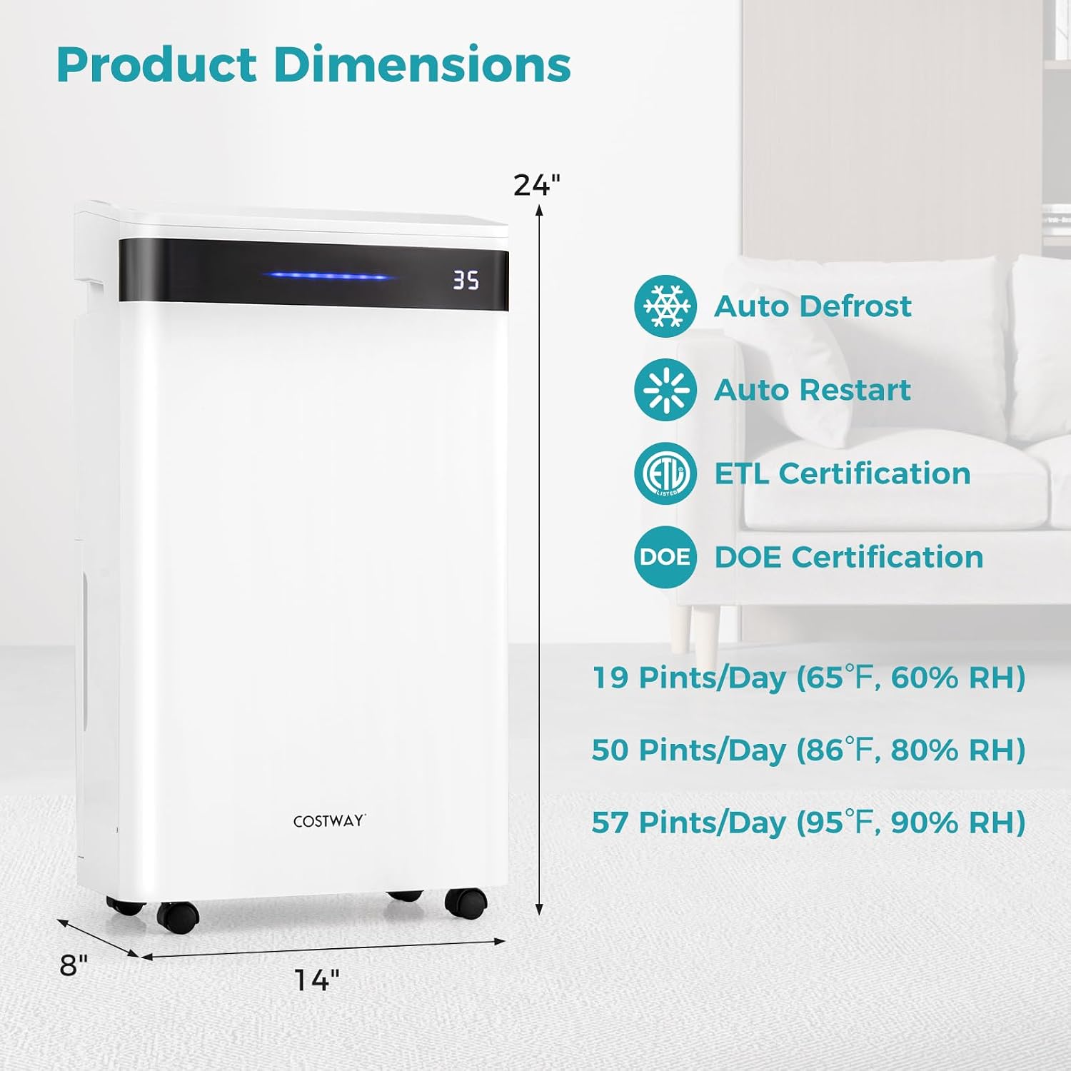 COSTWAY 4,500 Sq. Ft Dehumidifier for Basement, 3-Color Humidity Indicator, Dry Clothes Mode, 12' Drain Hose & Wheels, 57 Pint/Day Dehumidifier for Large Room (White&Black)