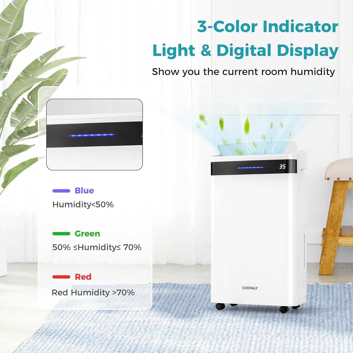 COSTWAY 4,500 Sq. Ft Dehumidifier for Basement, 3-Color Humidity Indicator, Dry Clothes Mode, 12' Drain Hose & Wheels, 57 Pint/Day Dehumidifier for Large Room (White&Black)
