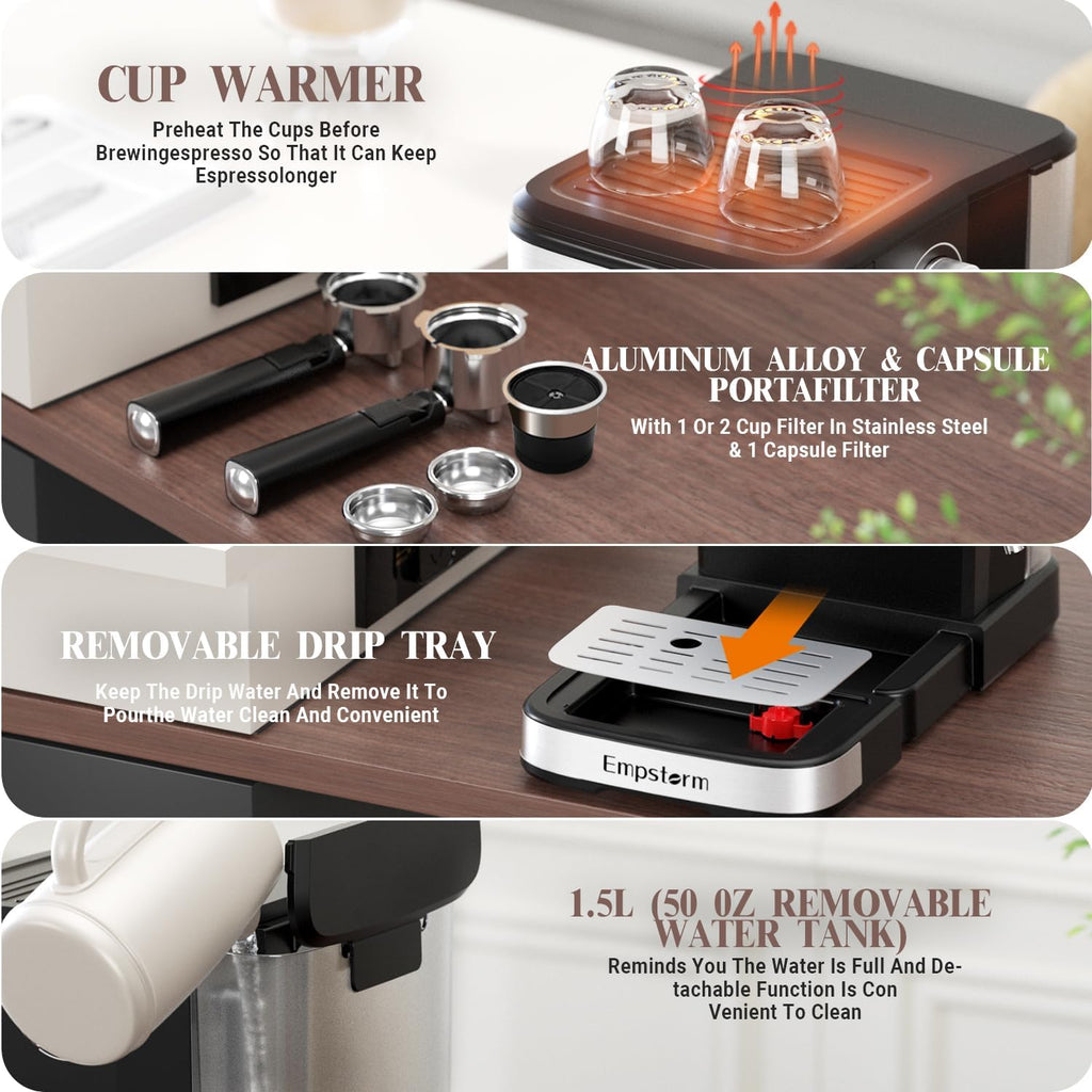Espresso Machine 20 Bar, 2 in 1 Espresso Maker with Milk Frother Steam Wand for Latte and Cappuccino, Powder and Capsule Portafilter, 50oz Removable Water Tank expresso Coffee Machine for Home-Silver