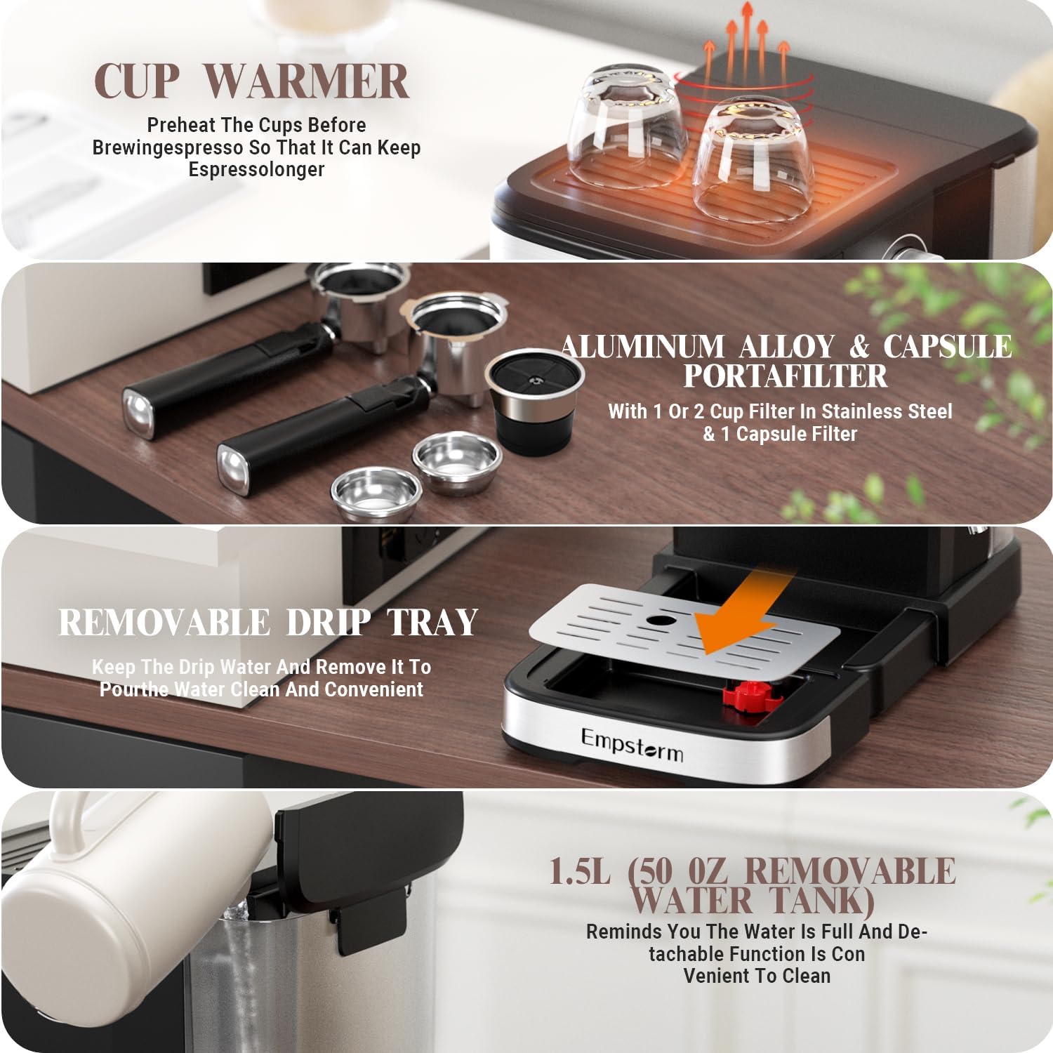 Espresso Machine 20 Bar, 2 in 1 Espresso Maker with Milk Frother Steam Wand for Latte and Cappuccino, Powder and Capsule Portafilter, 50oz Removable Water Tank expresso Coffee Machine for Home-Silver