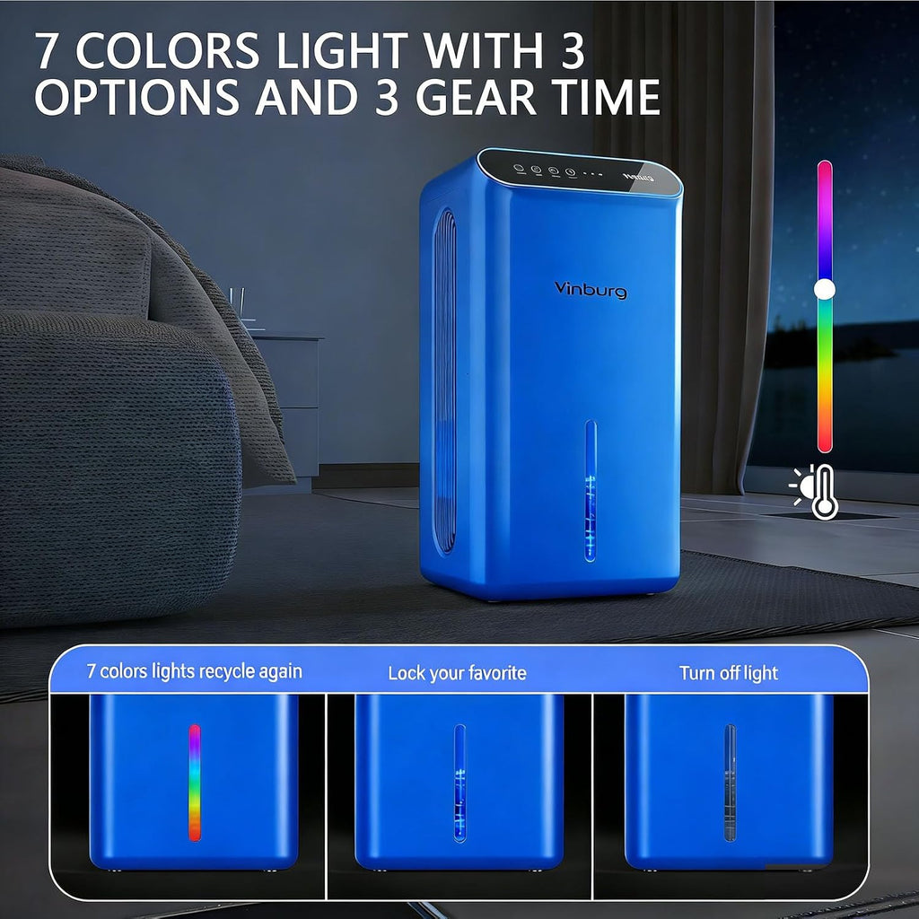 Dehumidifier for Home 1000 sq.ft - Small Quiet Dehumidifier with Auto Shut Off, Aromatherapy, 3 Gear Timer, Sleep Mode, 7-Color LED Light, Drain Hose for Bedroom, Bathroom, Basement, RV(Blue)