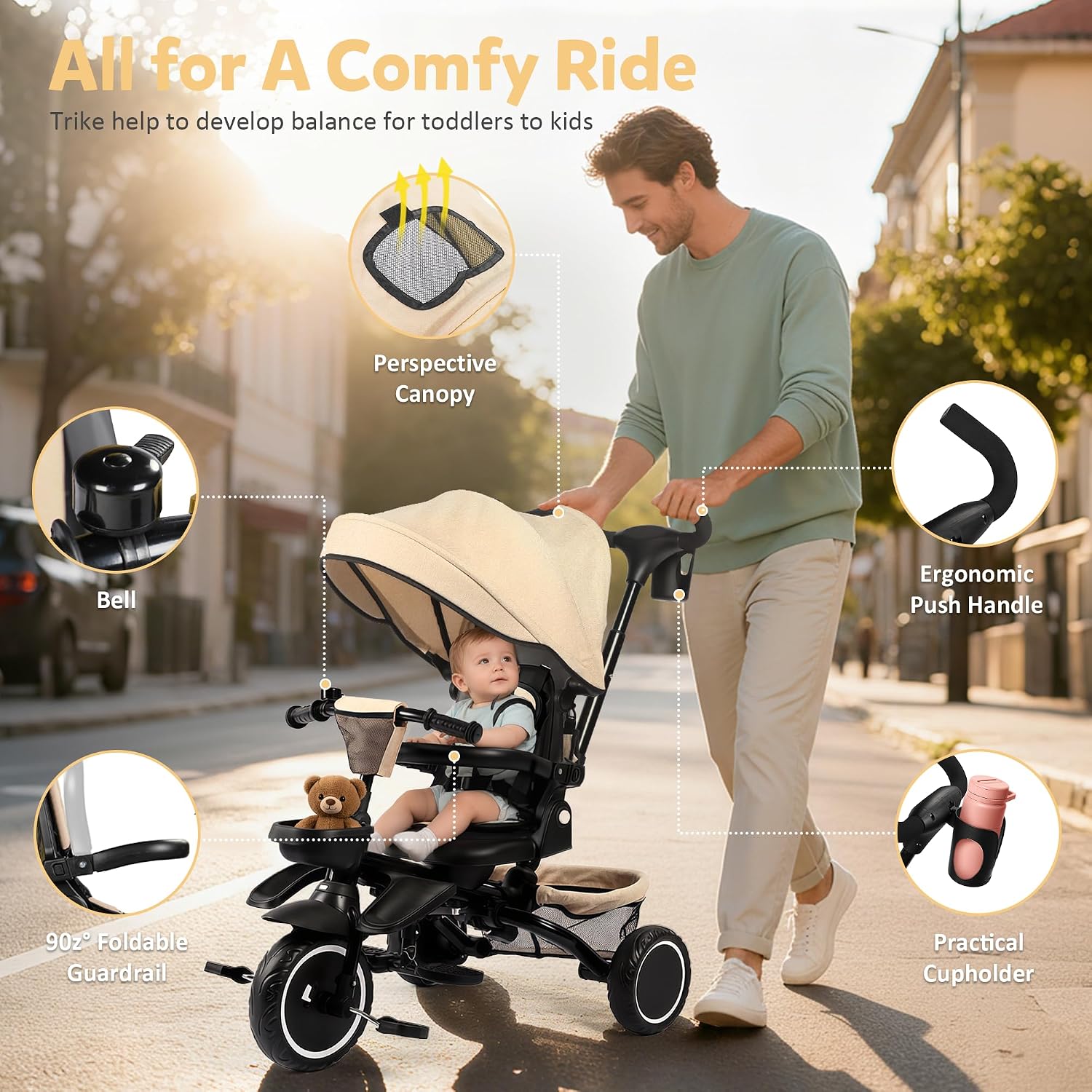 TODEFULL Folding Kids Tricycle, 8 in 1 Toddler Trike W/Removable & Adjustable Canopy, Parent Handle, 5-Piont Harness, Toddler Bike Tricycle for Kids 1-6 Years, EVA Wheels, Storage Basket, Khaki