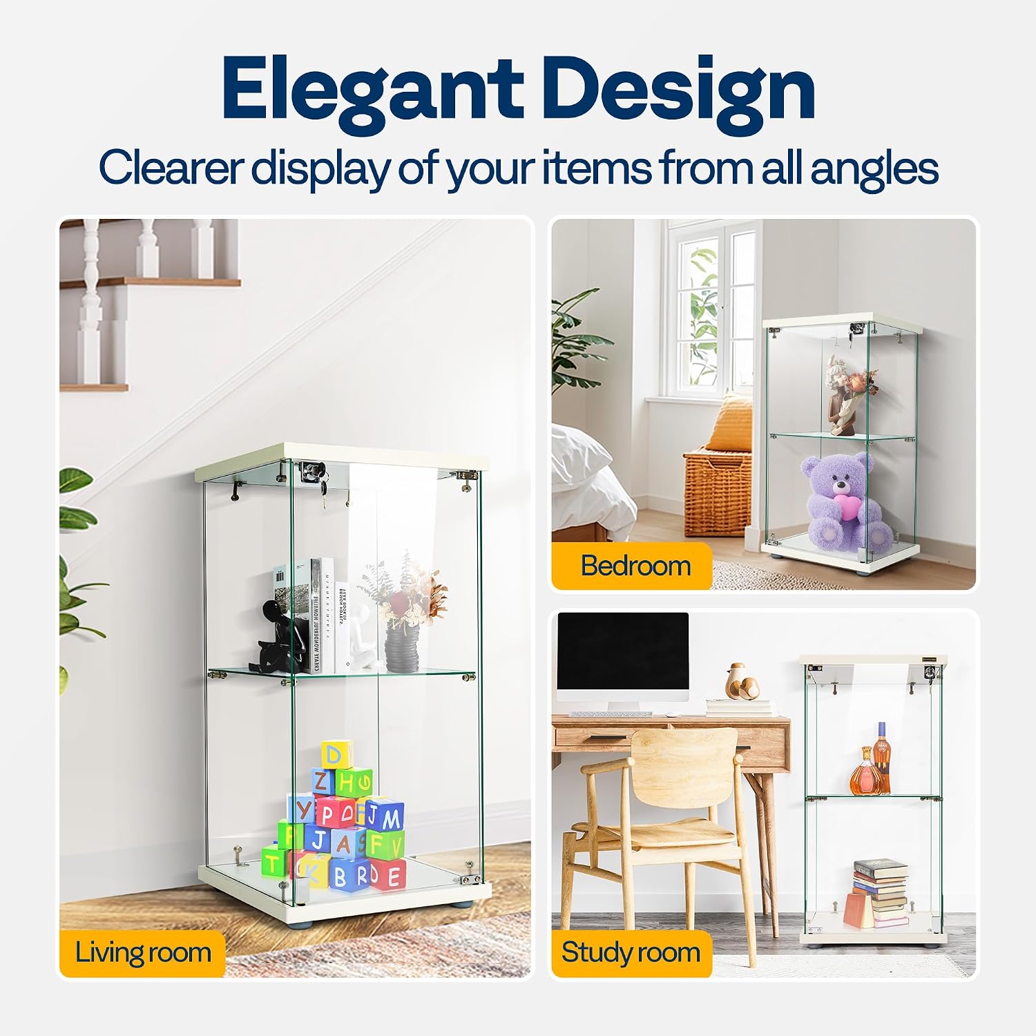 VIVOHOME 2 Layers 15.7''W x 15.7''D x 31.9''H Glass Display Cabinet Showcase Countertop with Lock, Tempered Glass 25mm MDF Base