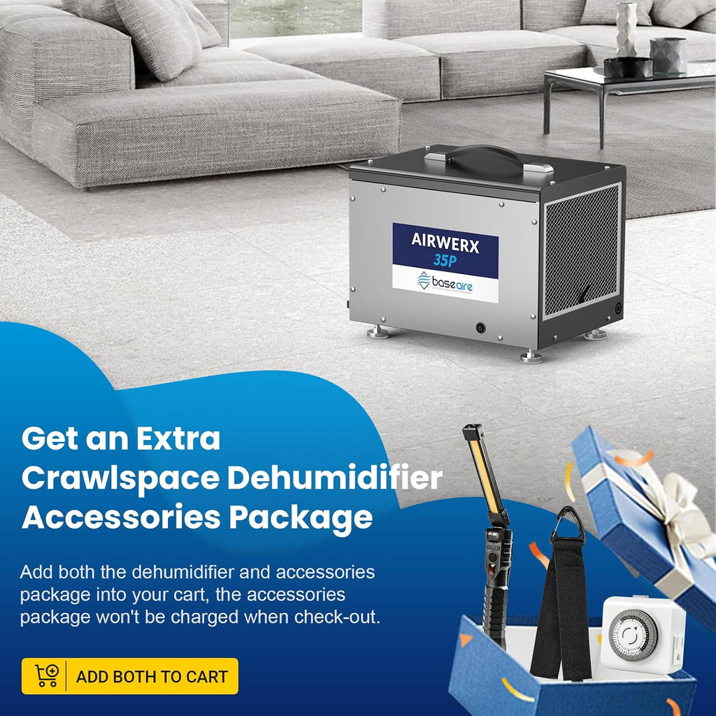 BaseAire Crawlspace Dehumidifier with Pump, Compact Dehumidifiers for Commercial, Basement and Water Damage with Drain Hose, 70 PPD, Auto Defrost, GLGR Technology, Up to 1000 Sq Ft